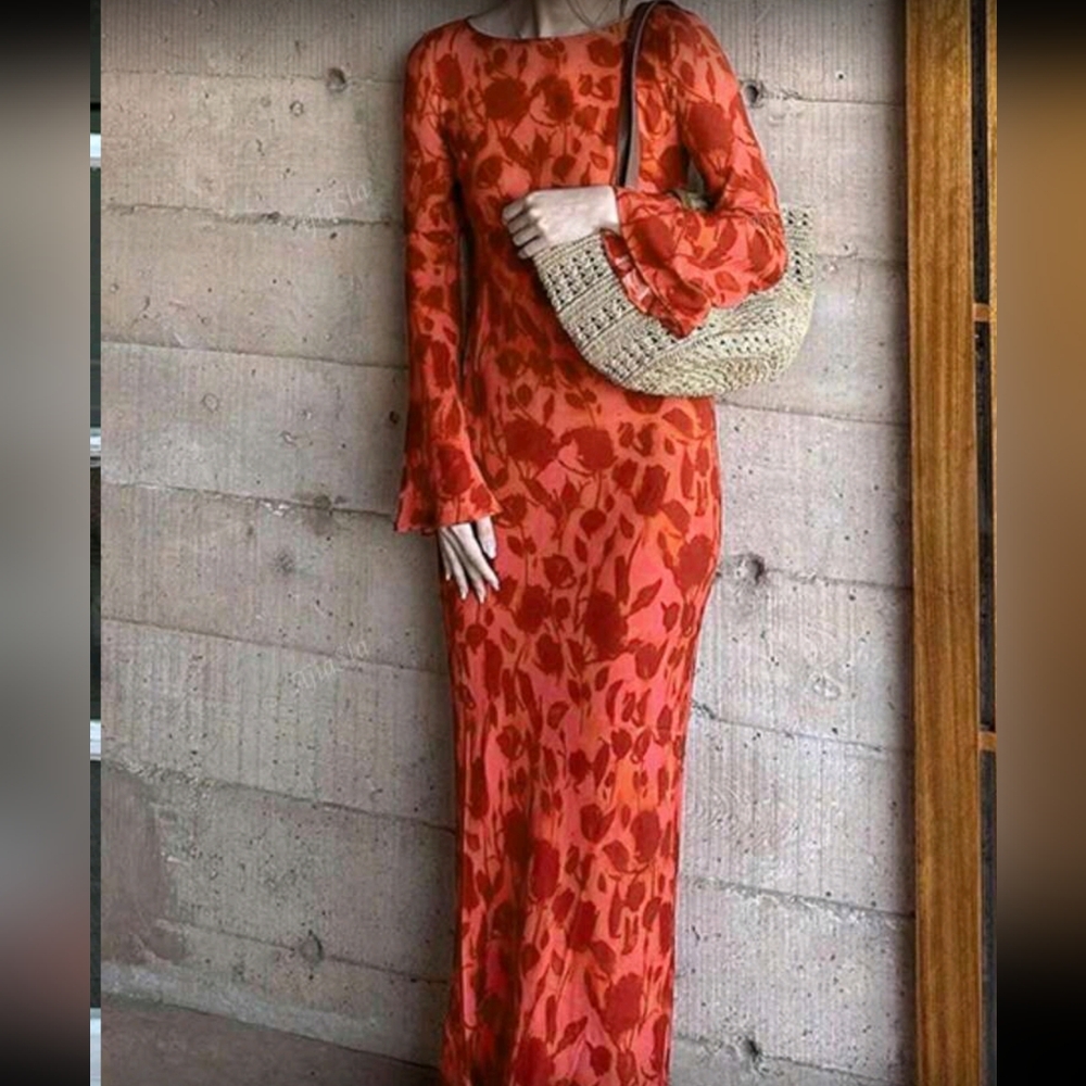 Floral Printed Long-Sleeved Elegant Round-Neck Basic Dress For Autumn Women's We - Picture 4 of 4